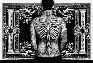 back tattoo with the word momento mori included plus two hands coming together. One skeleton the other real. would also like a sword/something similar going down my spine tattoo idea