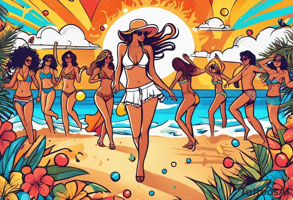 1970'S BEACH DANCE PARTY 
party, include confetti, music notes, 
, bikinis sunset in the center tattoo idea