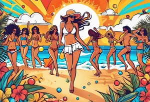1970'S BEACH DANCE PARTY 
party, include confetti, music notes, 
, bikinis sunset in the center tattoo idea