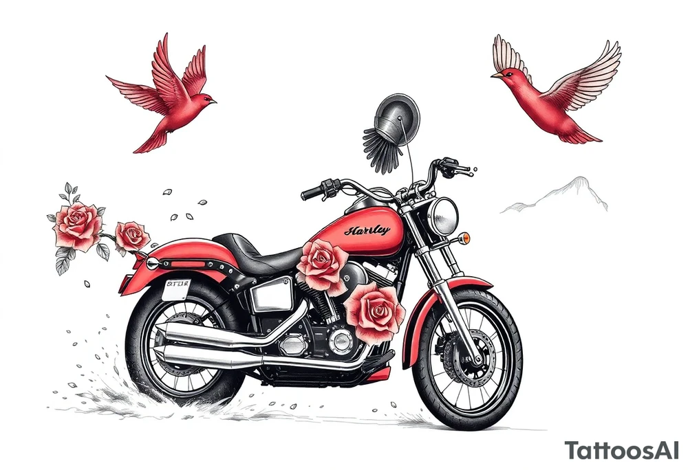 Harley motorcycle driving away, two red birds flying, roses and lace, flames tattoo idea