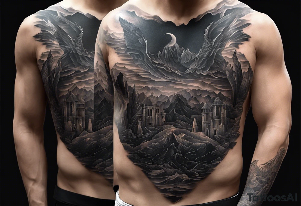 Sure, here's the revised description with those specific elements included:

---

**Tattoo Description:**

**Design:** Black and gray detailed illustration.
**Location:** Bicep and upper arm.
**Concept:** Scene from Dante's Inferno, inspired by Gustave Doré's illustrations.

**Details:**

1. **Main Elements:**
   - A dark, dense forest with towering trees and an eerie atmosphere.
   - Dante and Virgil, blacked out, standing at the entrance of a dark cave, symbolizing the descent into hell.
   - Rugged, detailed rocks surrounding the cave entrance.
   
2. **Style:**
   - Detailed line work capturing the intricate details of the forest, rocks, and figures.
   - Black and gray shading to create depth and contrast, emphasizing the darkness and foreboding nature of the scene.
   - The overall design symbolizes the dark and treacherous journey into hell, as depicted in Dante's Inferno.

**Overall Feel:**
   - A haunting and dramatic scene that evokes the mysterious and ominous journey through Dante's Inferno.

---

This version ensures that all specified elements are included and provides a clear and concise vision for your tattoo artist. tattoo idea