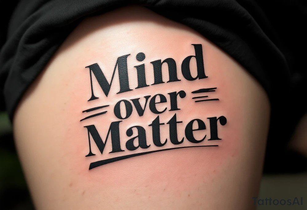 "Mind Over Matter" in modern mixed typography, solid black for "Mind," and lighter grey for "Matter," with a line dividing the two. tattoo idea