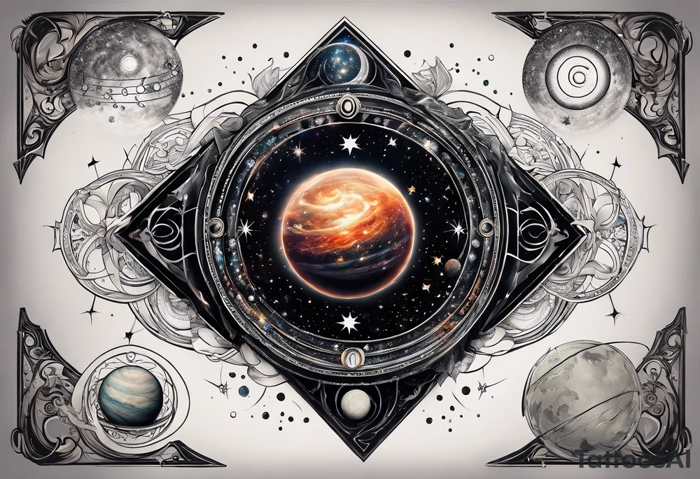 A tattoo featuring a cosmic scene with planets, black holes, and supernovae intertwined with intricate linguistic symbols, reflecting the client's interests in cosmology and linguistics. tattoo idea