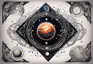 A tattoo featuring a cosmic scene with planets, black holes, and supernovae intertwined with intricate linguistic symbols, reflecting the client's interests in cosmology and linguistics. tattoo idea