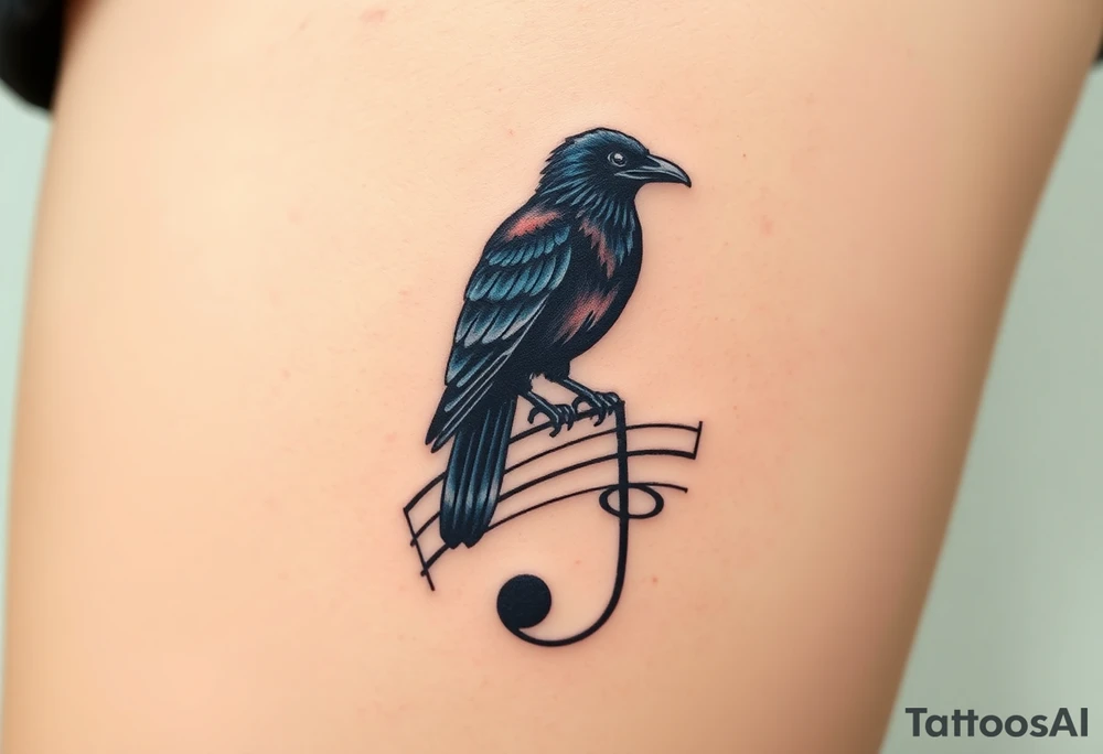 A crow perched on a distorted music note, with dark blues and blacks, symbolizing freedom and mystery in metal music. tattoo idea