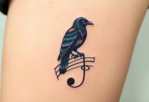 A crow perched on a distorted music note, with dark blues and blacks, symbolizing freedom and mystery in metal music. tattoo idea