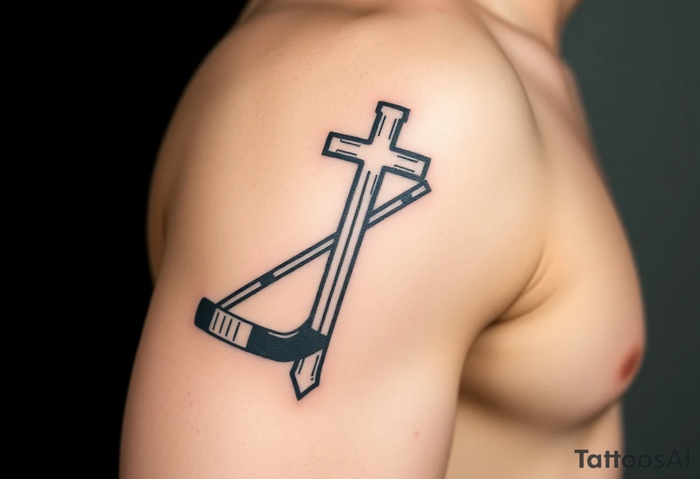 Realistic hockey stick made as a cross tattoo idea