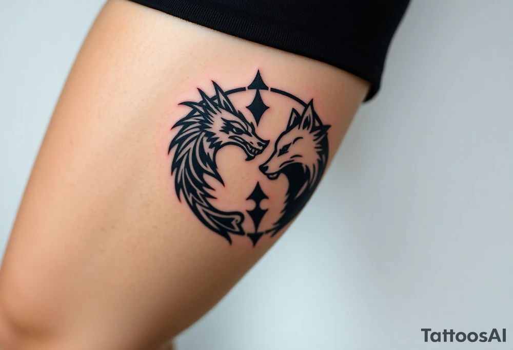 Ying yang symbol with one side a dragon and one side a wolf tattoo idea