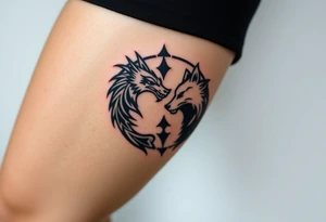 Ying yang symbol with one side a dragon and one side a wolf tattoo idea