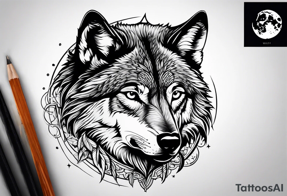 frontal lone wolf face, lonely but wise, staring at moon tattoo idea