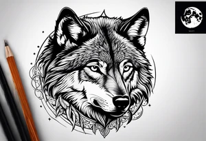 frontal lone wolf face, lonely but wise, staring at moon tattoo idea