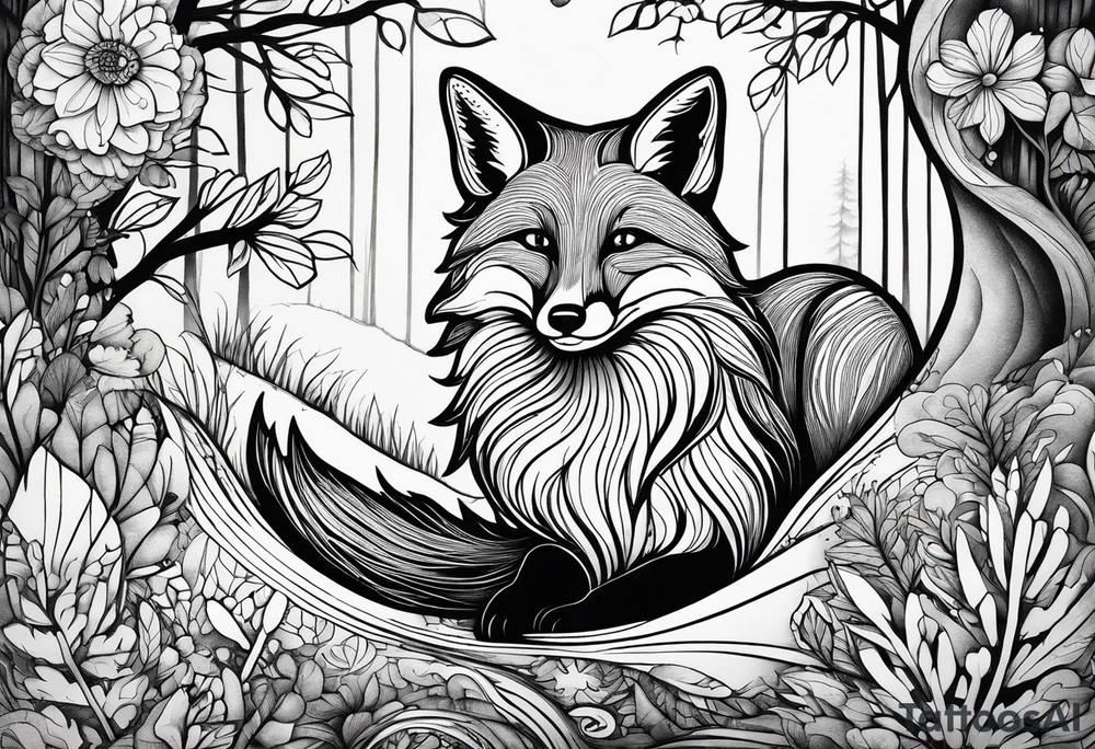 A playful fox with a bushy tail, set in a lush forest, illustrating cleverness and adaptability.” tattoo idea