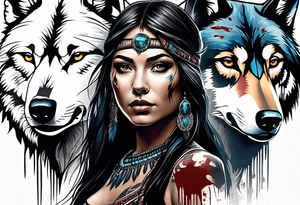 dark photo realistic woman, full body, native american, wolf, bear, ghostly, blood tattoo idea
