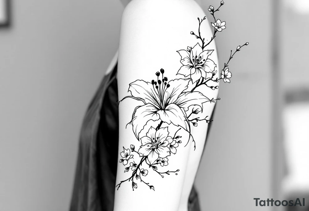 the flower spider lily from demon slayer and add cherry blossoms wrapped around upper arm tattoo idea