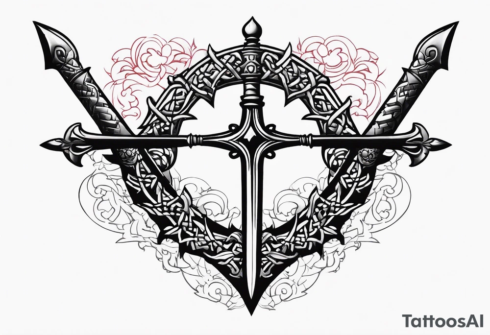 A simple design of a crown of thorns resting on the guard of a sword that is piercing a heart tattoo idea