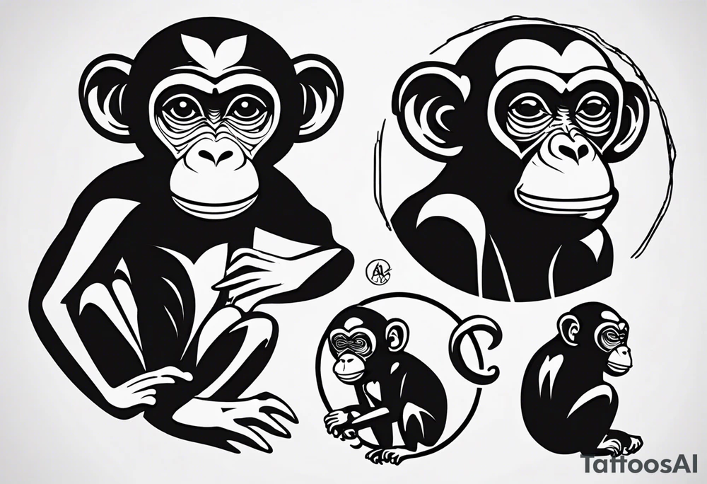 Create an abstract happy monkey body icon shape on a small disconnected circle where the monkey is just a shape no face tattoo idea