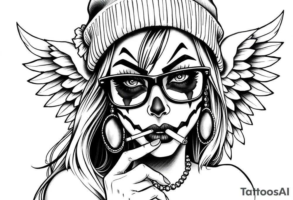 Chicana sexy beautiful long hair clown makeup angel wings thug beanie eyeglasses smoking a cigarette tattoo idea