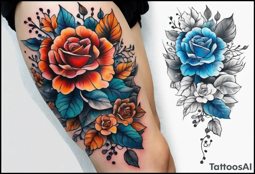 Front knee tattoo with fall colors, small flowers, rose, leaves, blue water flows with washes and background tattoo idea