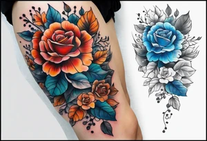 Front knee tattoo with fall colors, small flowers, rose, leaves, blue water flows with washes and background tattoo idea