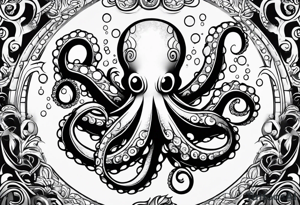 Tribal half sleeve. octopus surrounded by ribbons of water waves filled with fish. the octopus has no eyes. Use thick lines only with less detail. tattoo idea