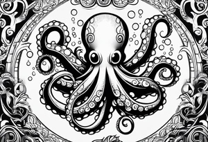 Tribal half sleeve. octopus surrounded by ribbons of water waves filled with fish. the octopus has no eyes. Use thick lines only with less detail. tattoo idea