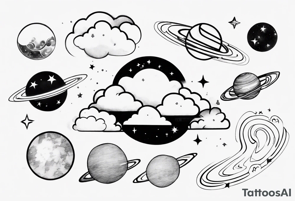 a cloud with planets and the date 12.08.05 tattoo idea