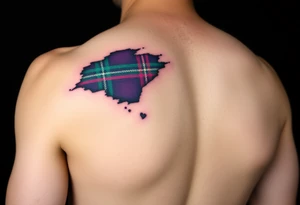 Dark Purple with green pink blue and white highlights tartan fabric on bicep with skin shedding away to reveal tartan underneath tattoo idea