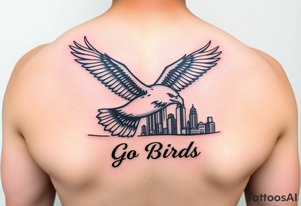 Tattoo On upper bicep 
Philadelphia Eagle classic bird flying over Philadelphia city skyline with the words Go Birds under it tattoo idea