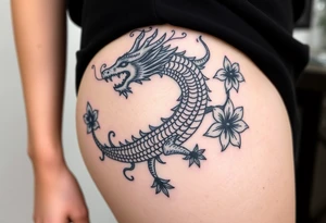 a big fire-breathing dragon with some lilys on the sides tattoo idea
