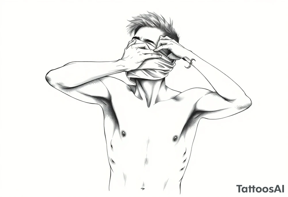 a naked man covering his eyes and mouth with a cloth with no emotions and looking up tattoo idea
