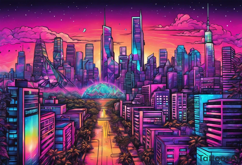 Synthwave cityscape tattoo idea