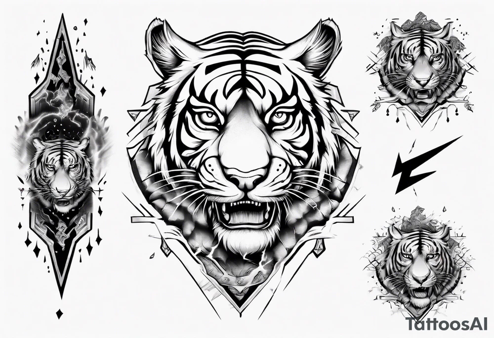 Ancient tiger with lightning and a sun for a forearm sleeve. With patterns surrounding it tattoo idea