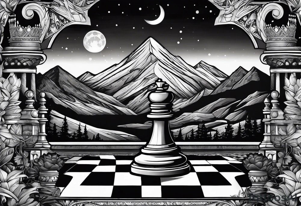 Books, chessboard with king and queen piece, background in a mountain night time tattoo idea