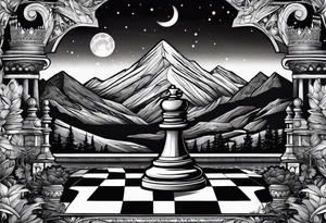 Books, chessboard with king and queen piece, background in a mountain night time tattoo idea