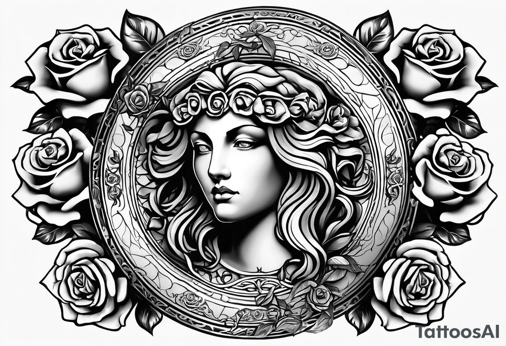 Circular shield with medusa's face surrounded by roses tattoo idea Circular shield with medusa's face surrounded by roses tattoo idea