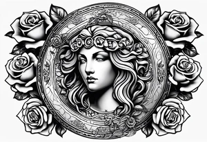 Circular shield with medusa's face surrounded by roses tattoo idea