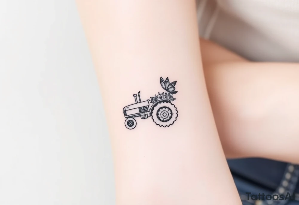 A small feminine tractor with flowers on the tractor and butterfly tattoo idea