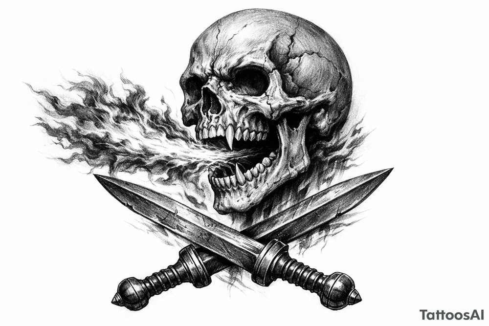 Skeletal skull breathing fire, crossed gladius swords below, dark realism. tattoo idea