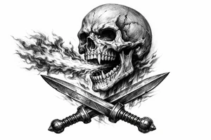 Skeletal skull breathing fire, crossed gladius swords below, dark realism. tattoo idea