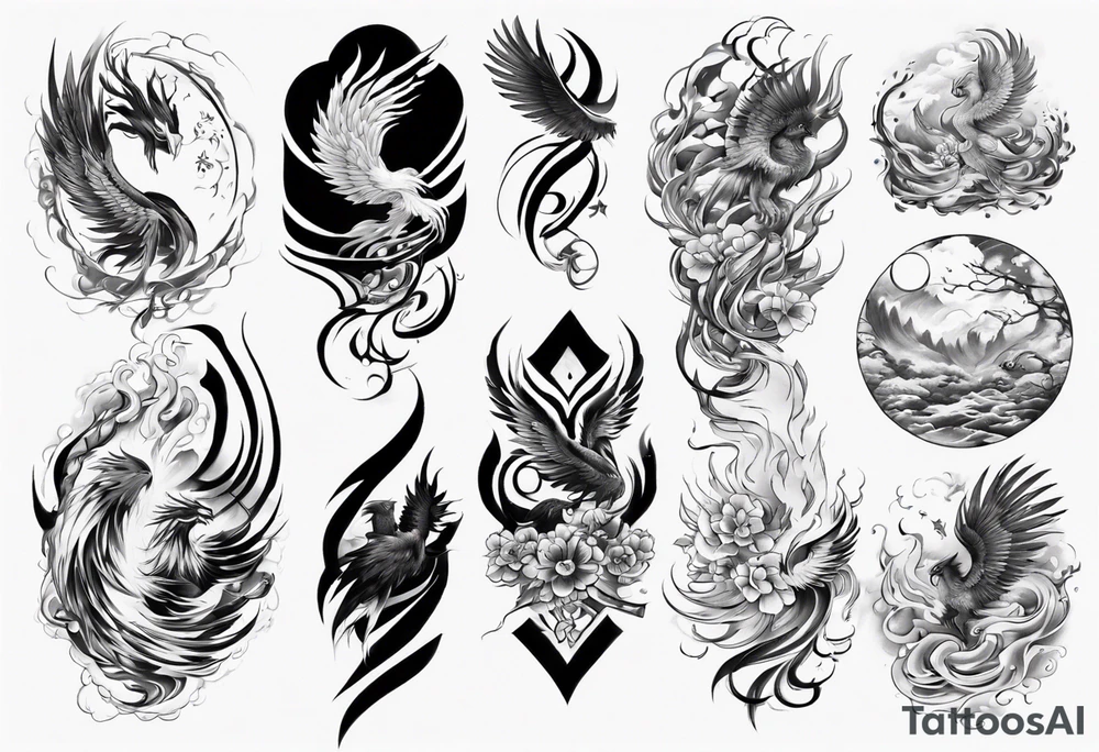 Sleeve tattoo on a woman's arm. Phoenix tattoo idea