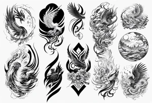 Sleeve tattoo on a woman's arm. Phoenix tattoo idea