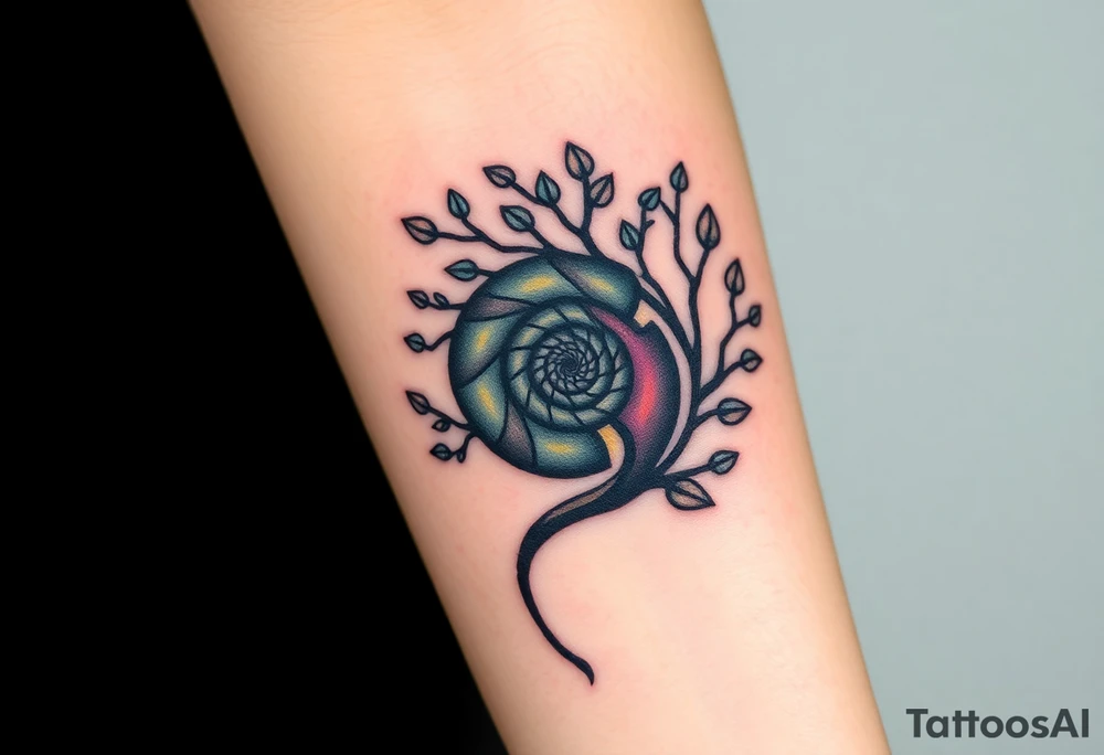 Fibonacci spiral shell inside of tree with little leaves tattoo idea