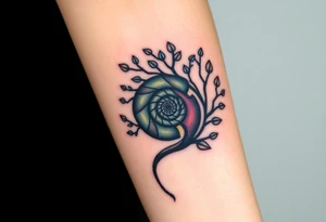 Fibonacci spiral shell inside of tree with little leaves tattoo idea
