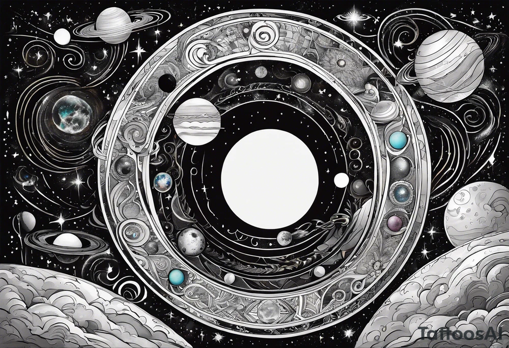 A tattoo featuring a cosmic scene with planets, black holes, and supernovae intertwined with intricate linguistic symbols, reflecting the client's interests in cosmology and linguistics. tattoo idea
