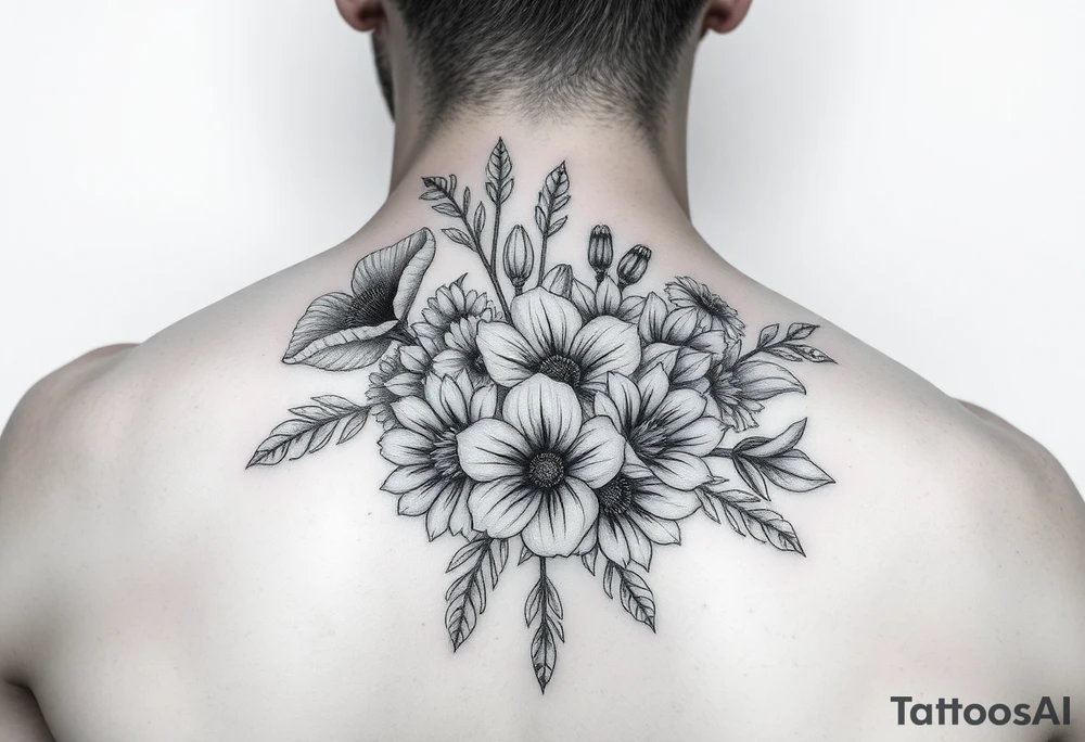 Bouquet flowers of poppy, gladiolus, holly, narcissistic, poinsettia, daisy, and sweet pea tattoo idea