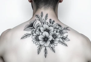 Bouquet flowers of poppy, gladiolus, holly, narcissistic, poinsettia, daisy, and sweet pea tattoo idea