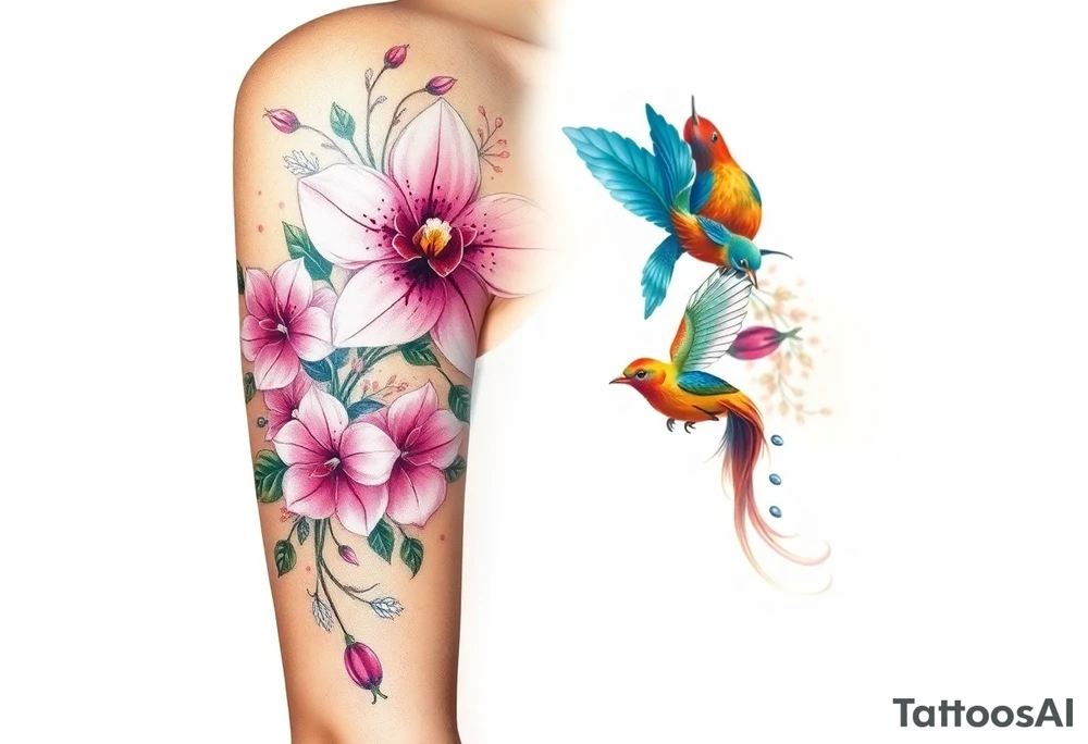 orchid flower ,  Coi fish and colorful birds tattoo idea
