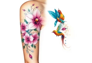 orchid flower ,  Coi fish and colorful birds tattoo idea