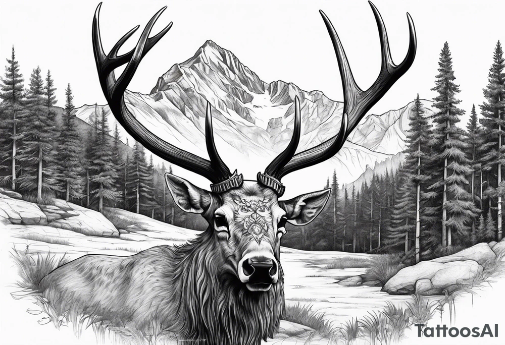 elk skull with mountains and trees tattoo idea