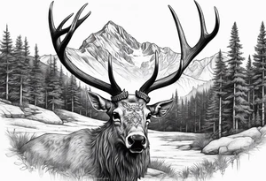 elk skull with mountains and trees tattoo idea